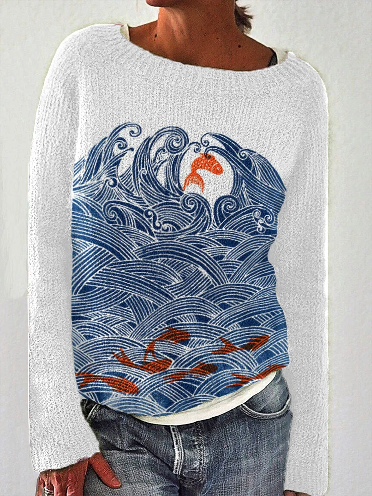 Japanese Art Wave and Fish Print Casua Comfortable Sweater