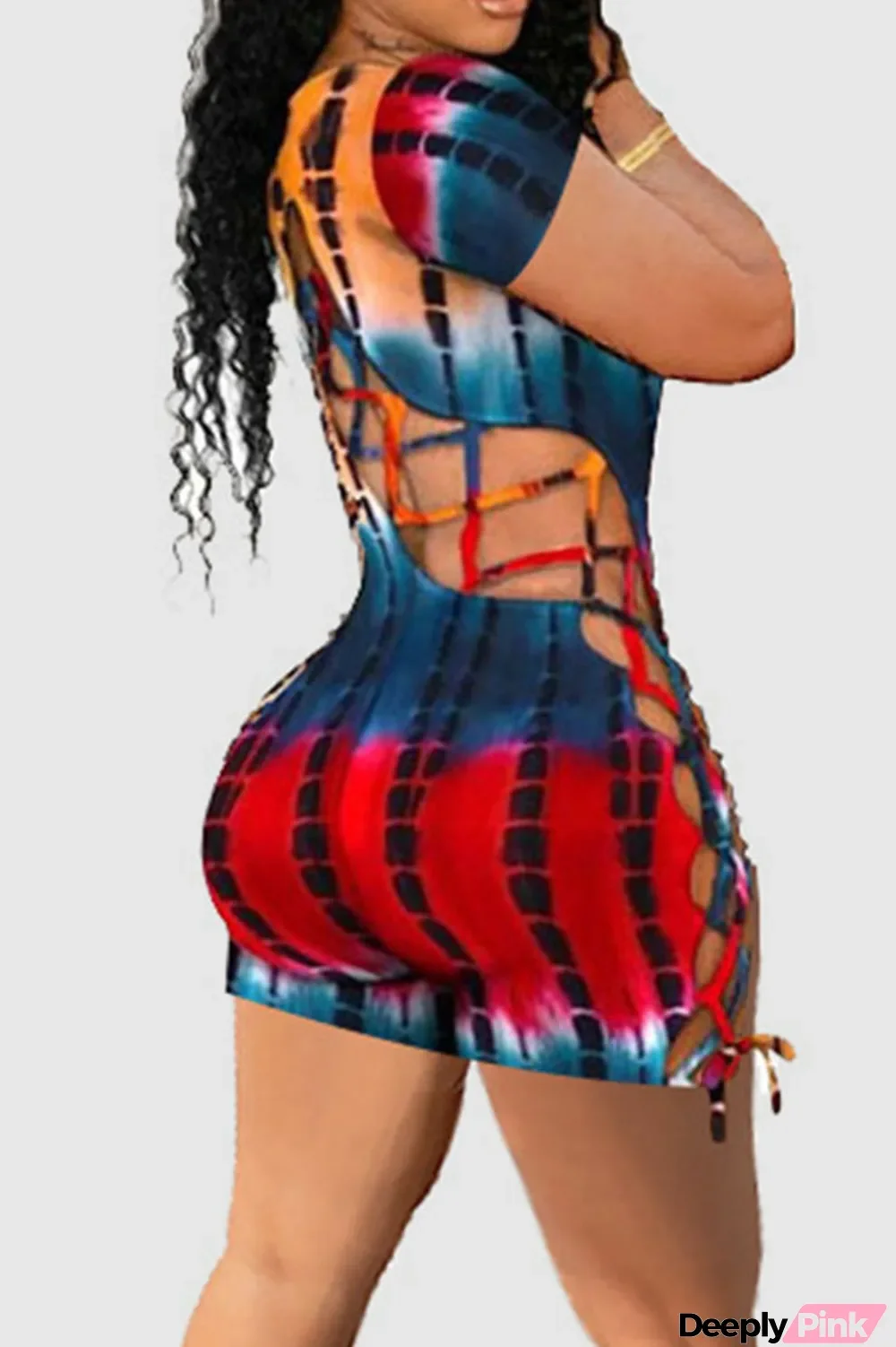 Colour Sexy Print Hollowed Out Split Joint Backless O Neck Regular Jumpsuits