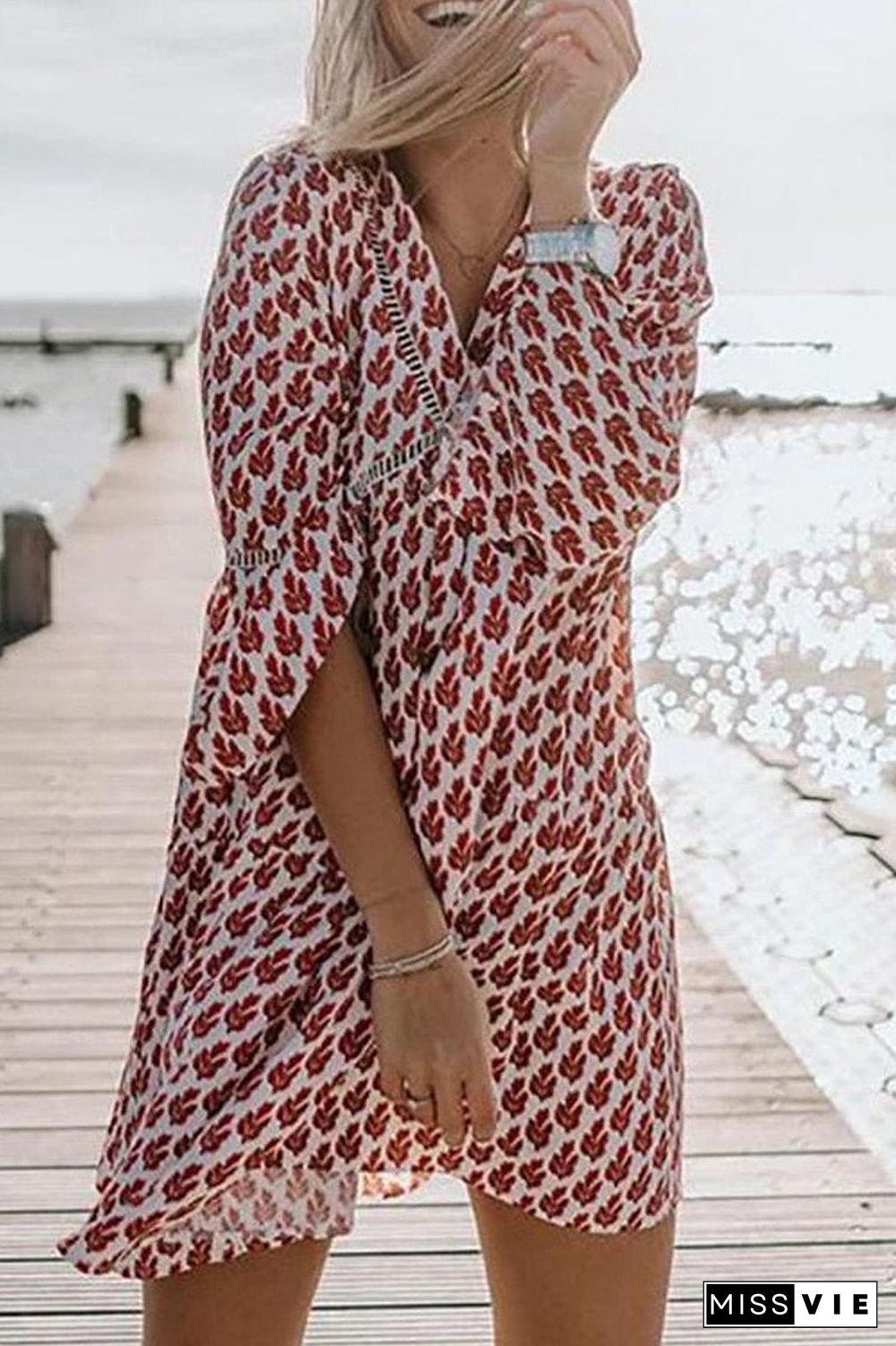 V-Neck Flare Three Quarter Sleeve Dress