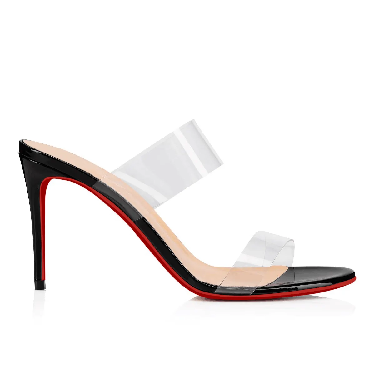 85mm Women's Sandals Round Toe Mules Transparent Heels Slip on Red Bottom Stilettos-vocosishoes