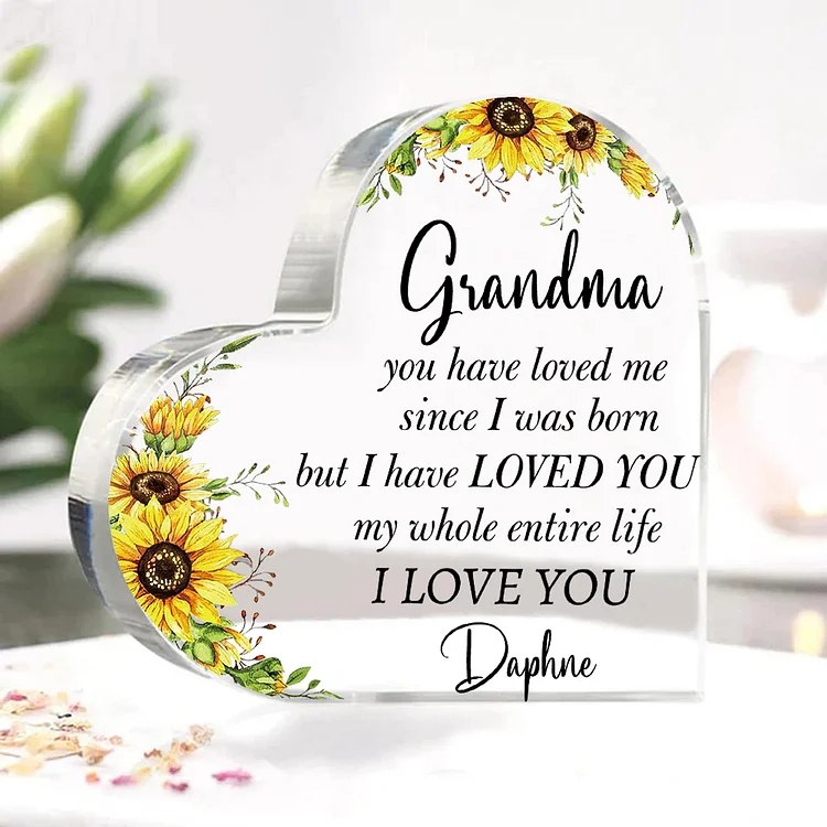 Personalized Grandma Name Acrylic Gifts for Nan-Custom Acrylic Sunflower Heart Keepsake Desktop Ornament-You Are The World To Us