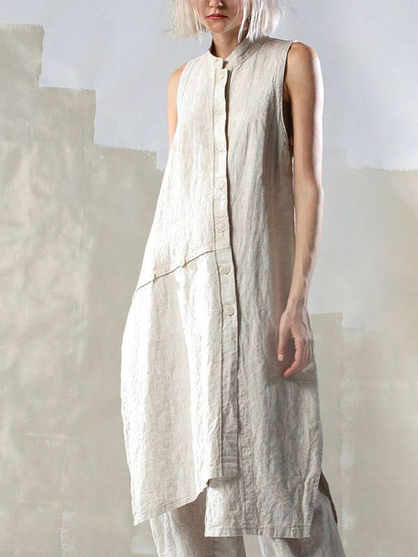 Stand Collar Button Design Sleeveless Cotton And Linen Midi Dress