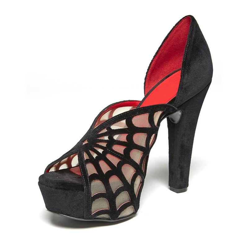 Black Peep Toe Vegan Suede Spider Web Platform Heels for Halloween