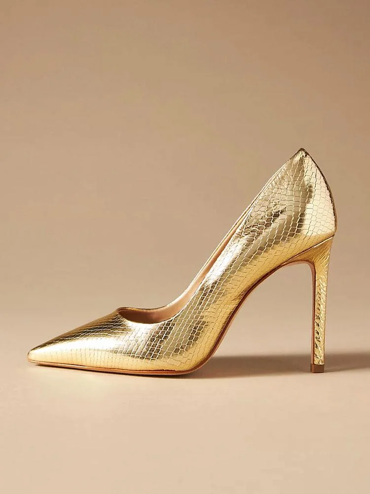Pointy Stiletto Slip-On Pumps - Metallic Snakeskin Gold & Black