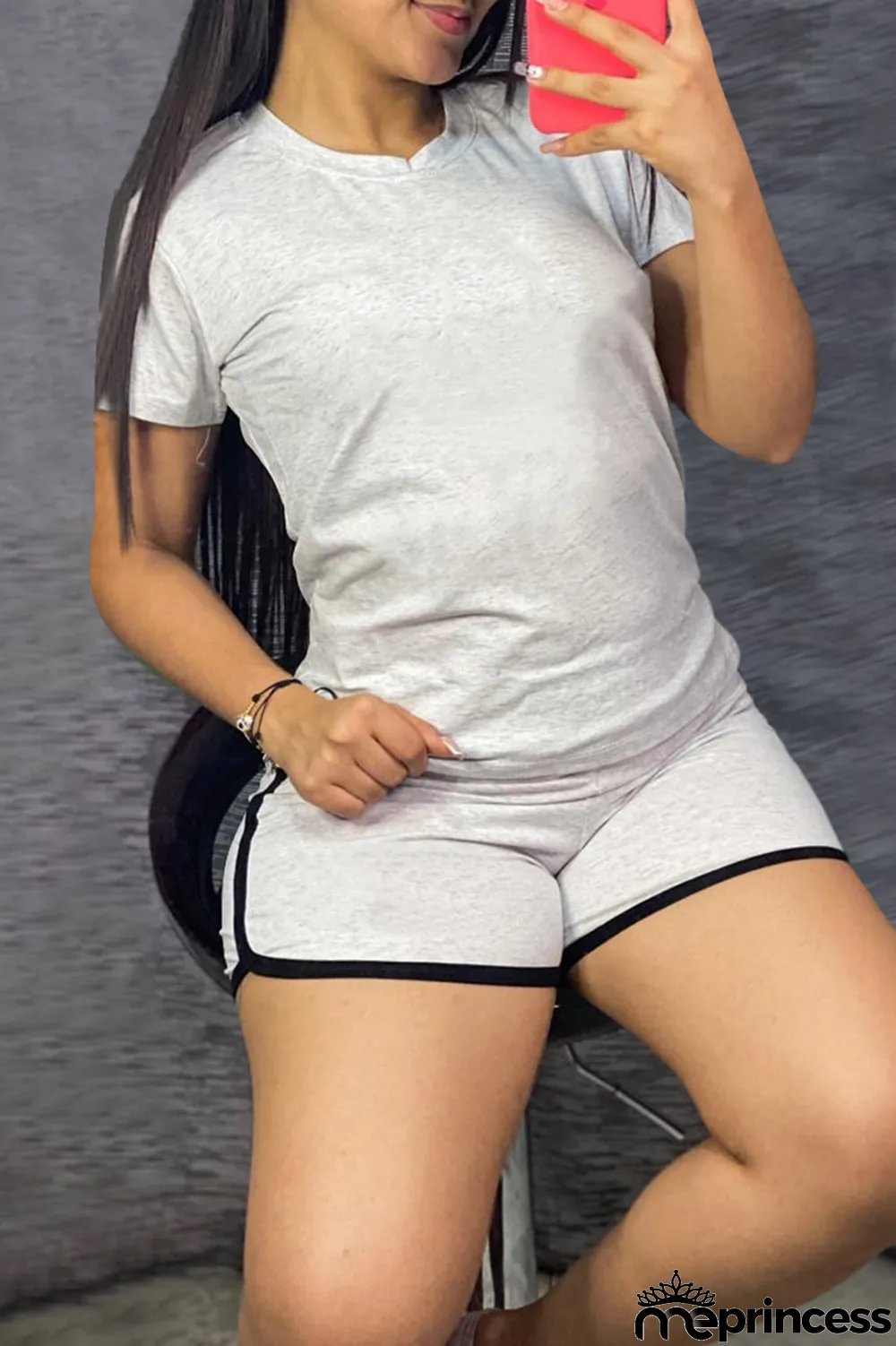 Fluorescent Green Fashion Casual Solid Basic O Neck Short Sleeve Two Pieces