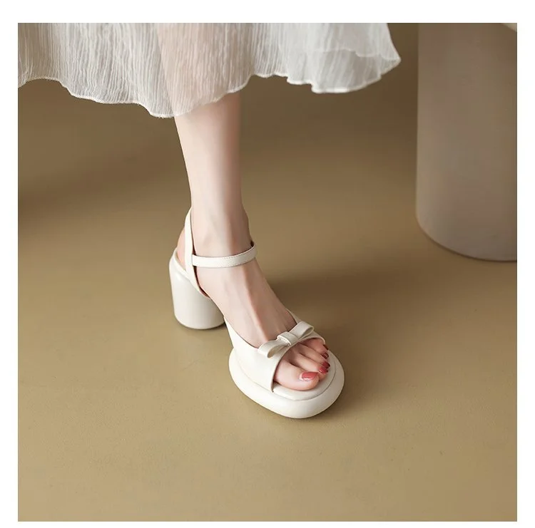 Churchf Churchf Summer New Vintage Sandals One Line Buckle Beach Sandals Round Head Bow High Heel Sandals Women