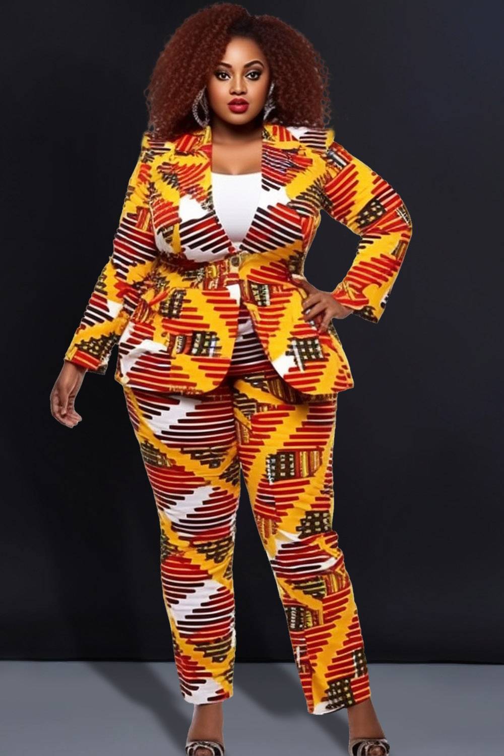 Design Plus Size Semi Formal Yellow Ankara Lapel Collar Long Sleeve Two Piece Pant Suits [Pre-Order]