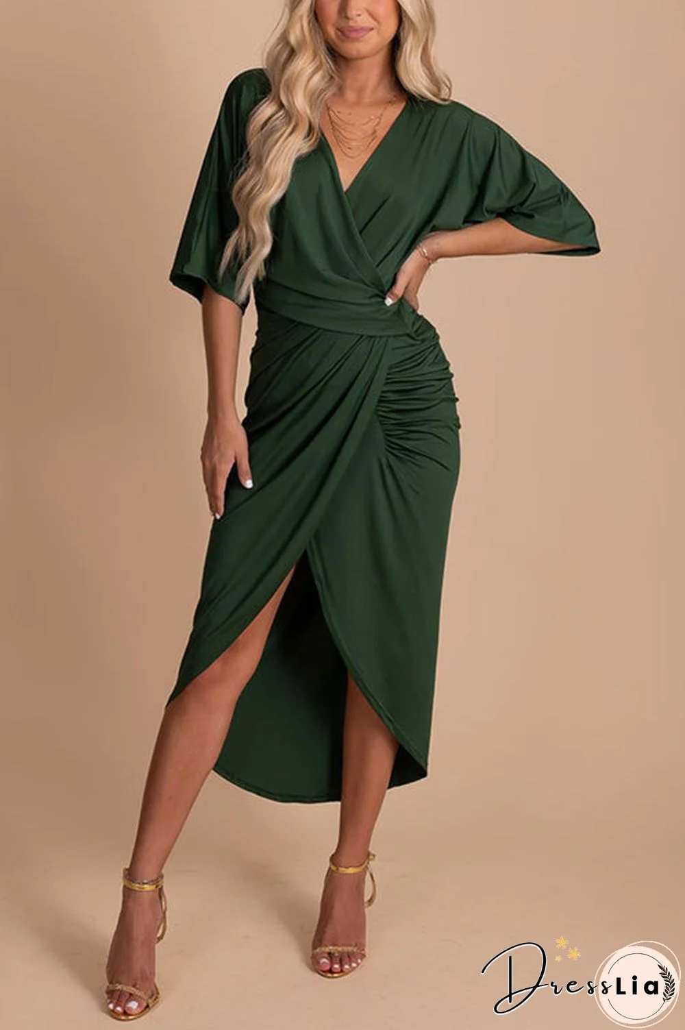 Ruched V Neck Bat Slit Wrap Dress