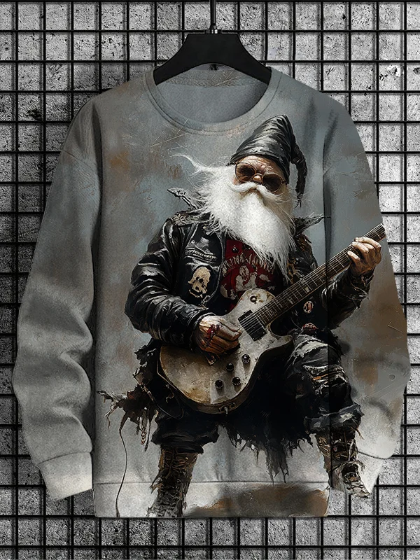 Men's Dark Rock Santa Plays Electric Guitar Print Casual Sweatshirt