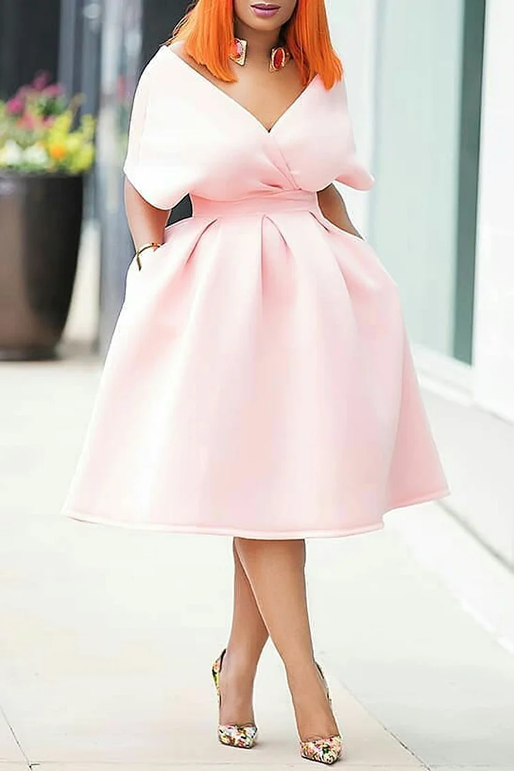 Plus Size Cocktail Party Pink Wrap Neck Short Sleeve Pocket Elegant Mini Dresses [Pre-Order] 2024 - Xpluswear