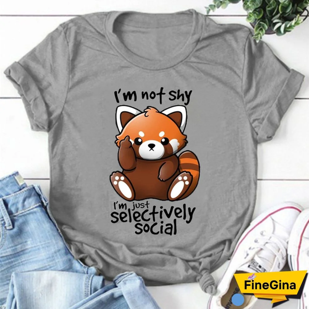 Panda I'm Not Shy I'm Just Selectively Social Print T-shirts For Women Summer Fashion Casual Short Sleeve Round Neck Ladies Tops
