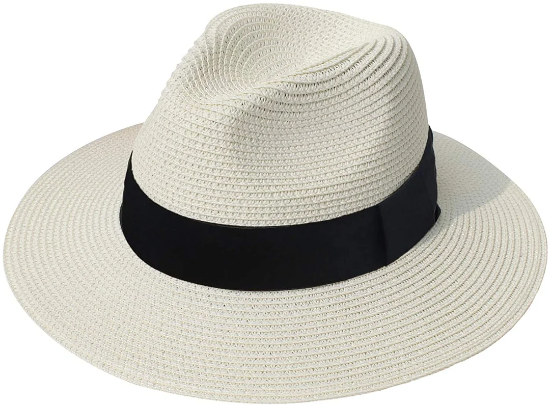 Women Straw Panama Hat Fedora Beach Sun Hat Wide Brim Straw Roll up Hat UPF 30+