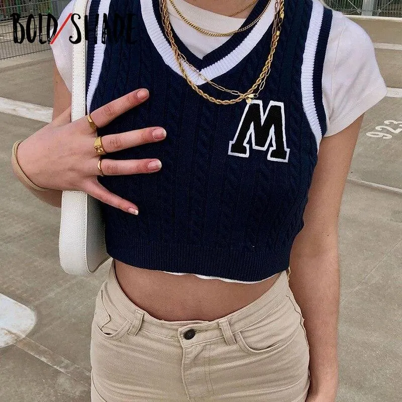 Bold Shade Grunge Fashion Streetwear 90s Tanks Knit Letter Print Sleeveless Slim Crop Tops Preppy Style Indie Clothes Aesthetic