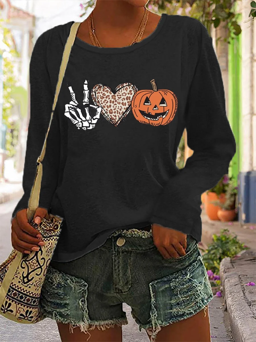Skull Peace Love Pumpkin Halloween Round Neck Long Sleeve T-shirt