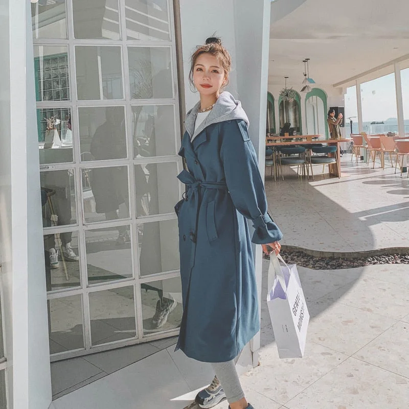 Brand New Removable Hood Women Trench Coat Long Double-Breasted Windbreaker Spring Autumn Outerwear Female Clothes with Belt