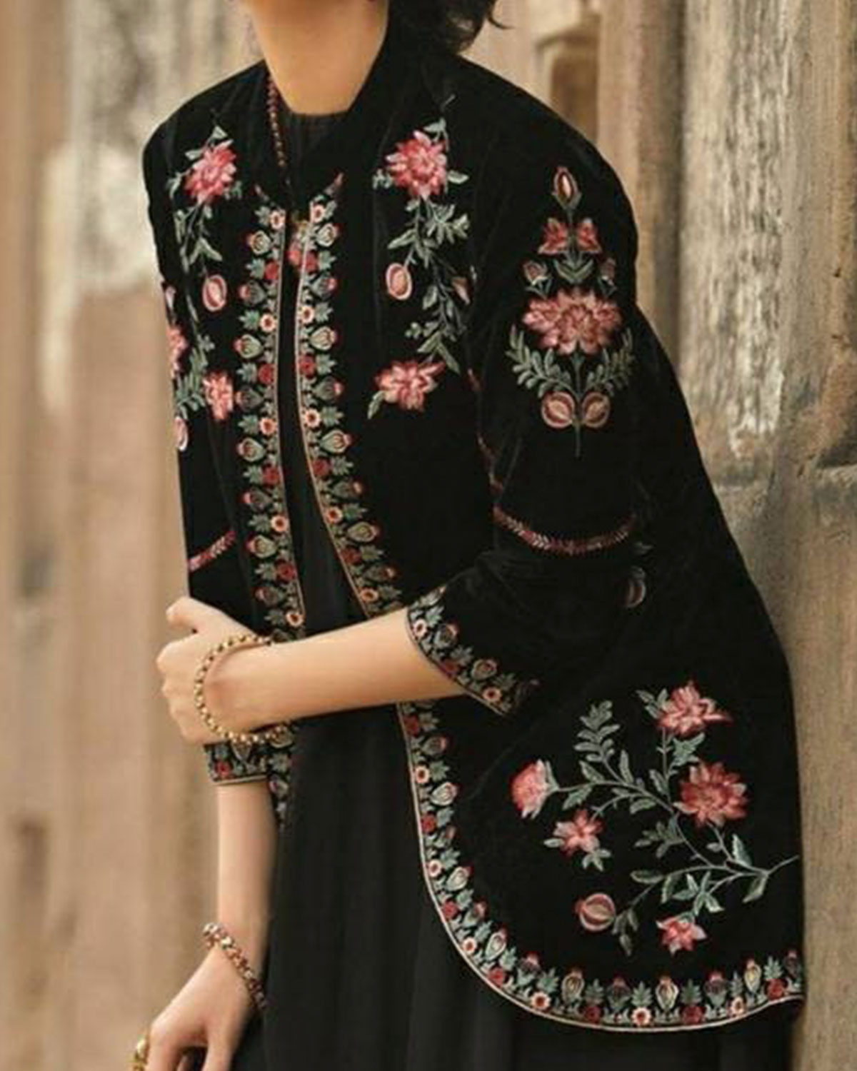 Black Velvet Jacketmulti Colour Floral Embroidery