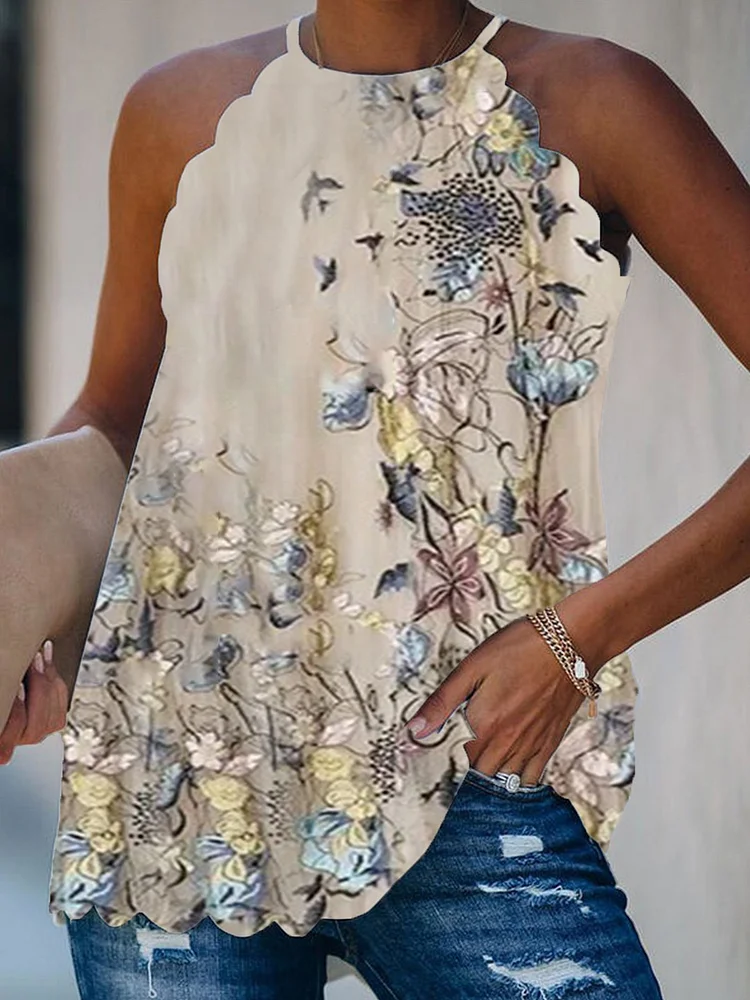 Vintage Floral Printed Plus Size Sleeveless Casual Tops
