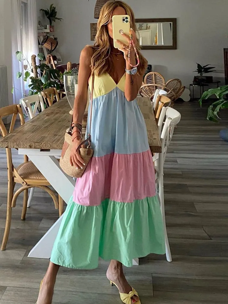 Women Vintage Long Sleeve Patchwork Pleated Dresses Ladies Sexy Slash Neck Loose Party Dress Summer Casual Female Dress Vestidos