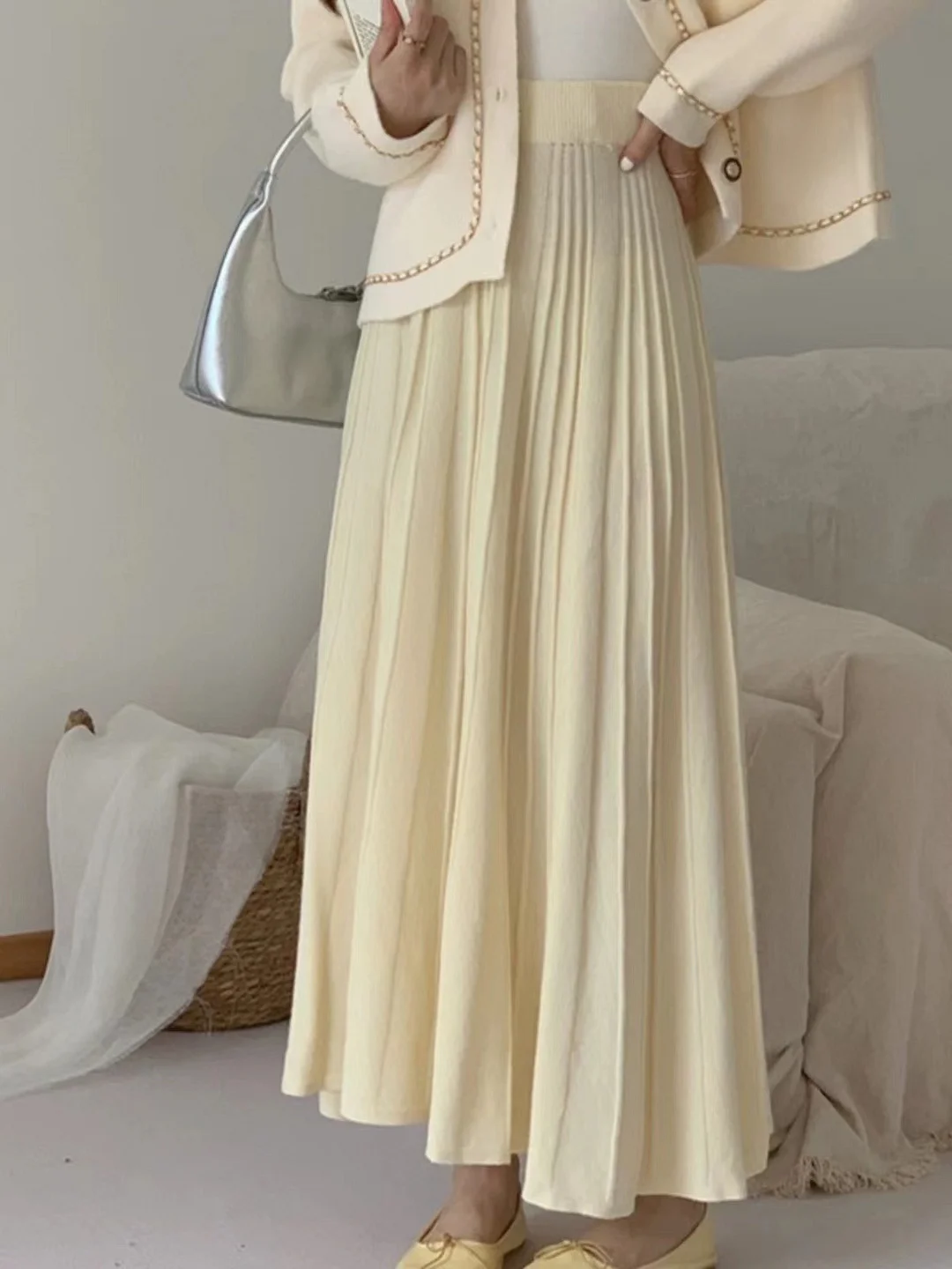 Toloer Toloer And Winter Loose Cover Meat Show Thin White Knit Skirt Female Pleated Skirt Lazy Casual Long Skirt Big Skirt-Outfit Ideas