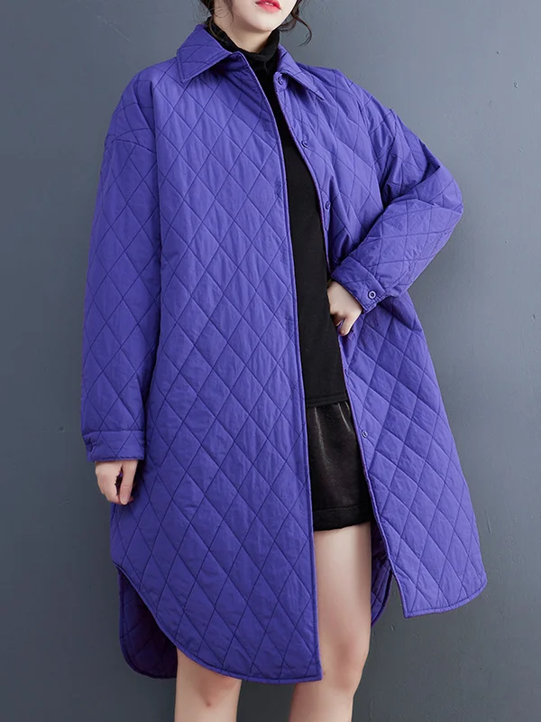 Simple Loose Rhombic Belted Solid Color Lapel Padded Coat
