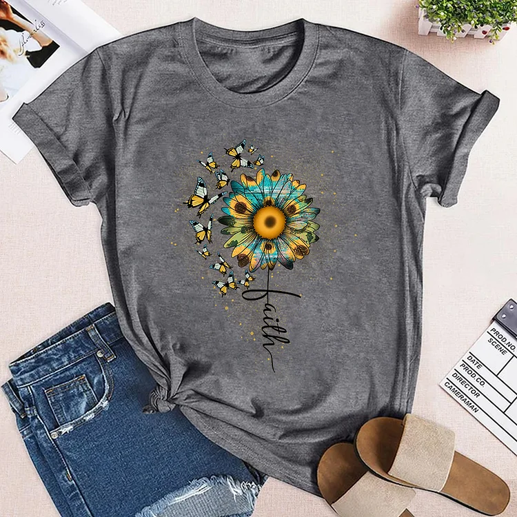 Colorful Flowers and Butterfly Theme Neck T-shirt
