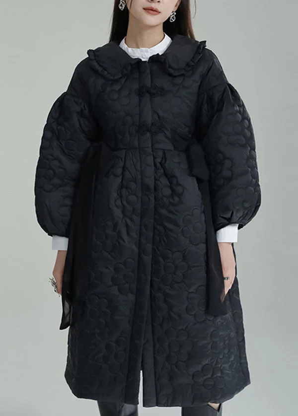 Black Embossed Cotton Filled Coat Peter Pan Collar Lantern Sleeve