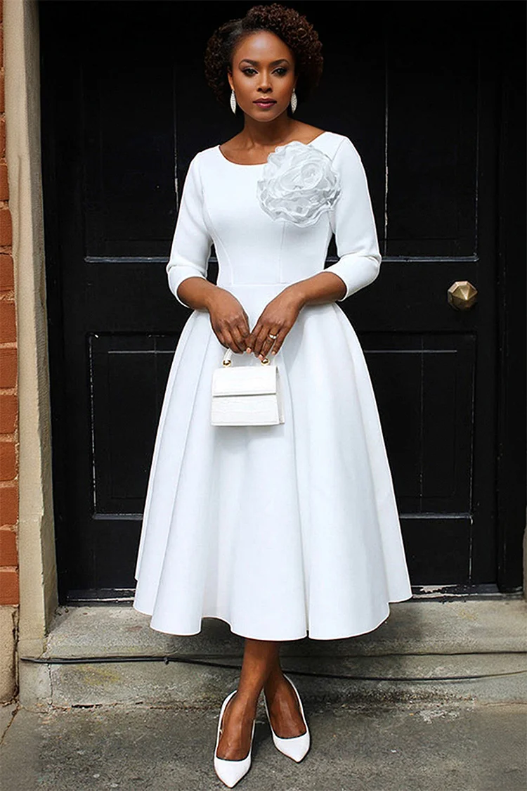 Plus Size Wedding White Round Neck Short Sleeve Pocket 3D Maxi Dresses [Pre-Order] 2024 - Xpluswear
