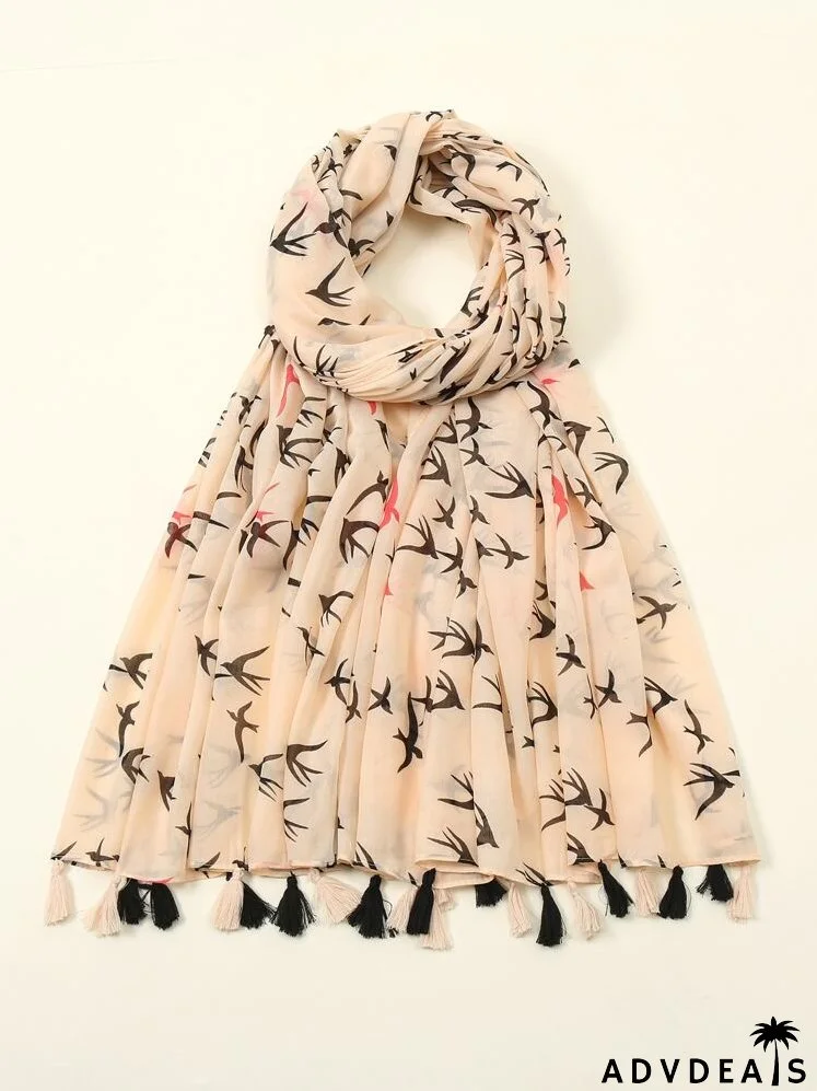 Tassel Decor Bird Print Scarf