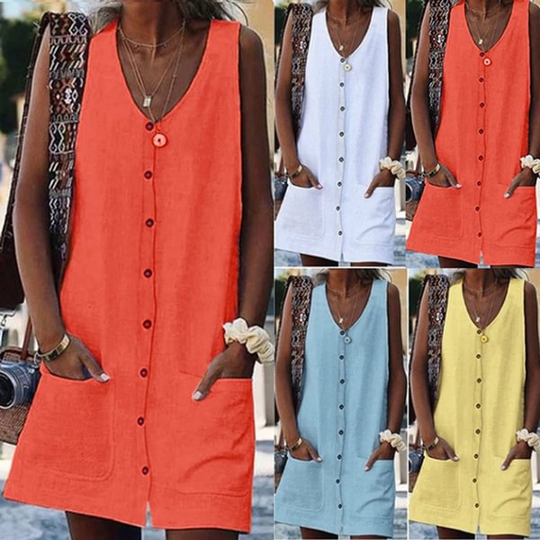 Women Summer Sleeveless Pure Color Loose Casual Button Pocket Vest Dress - BlackFridayBuys