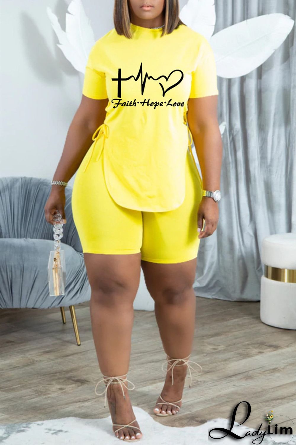 Khaki Fashion Casual Print Bandage Slit O Neck Short Sleeve Two Pieces