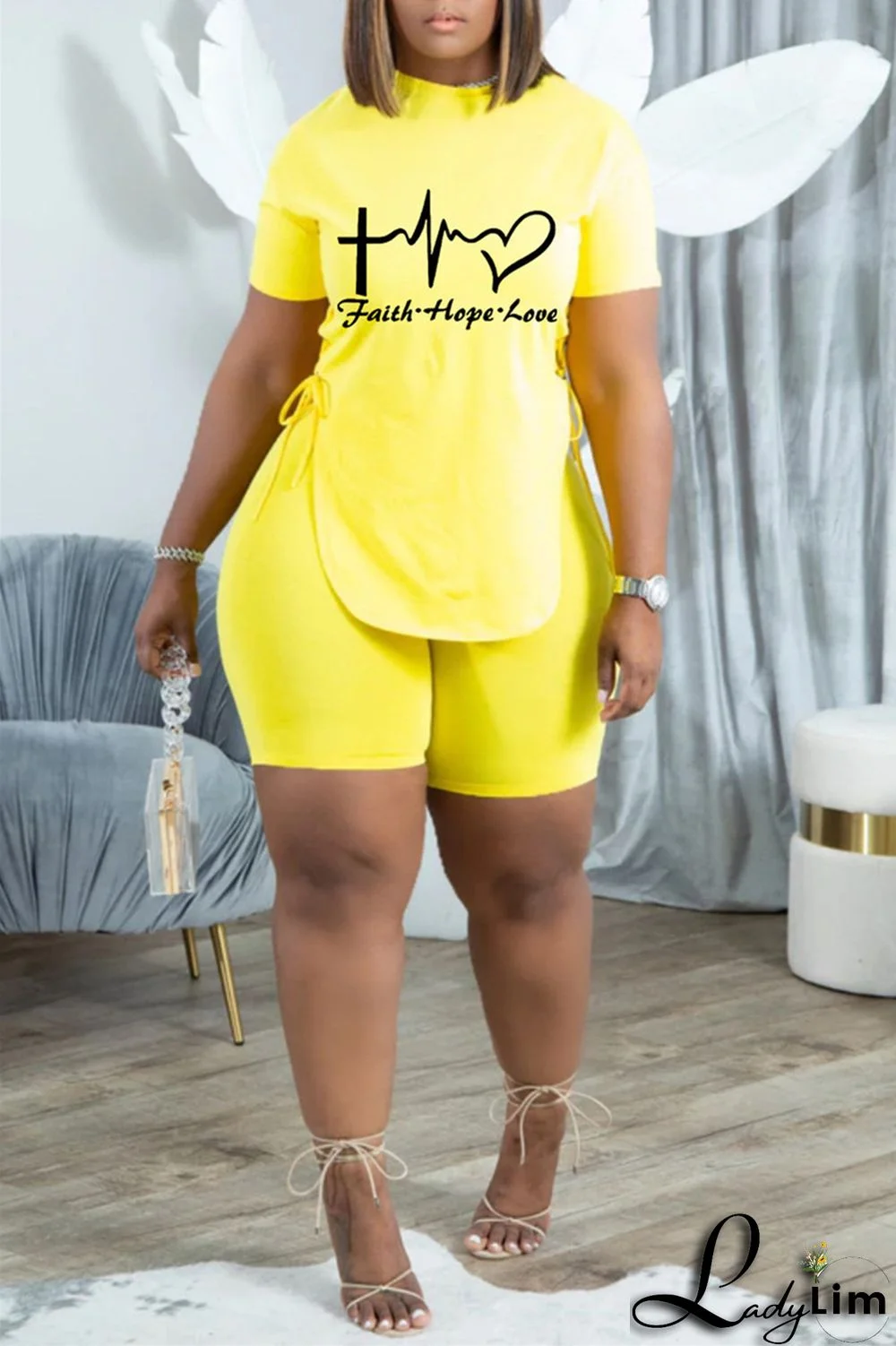 Khaki Fashion Casual Print Bandage Slit O Neck Short Sleeve Two Pieces