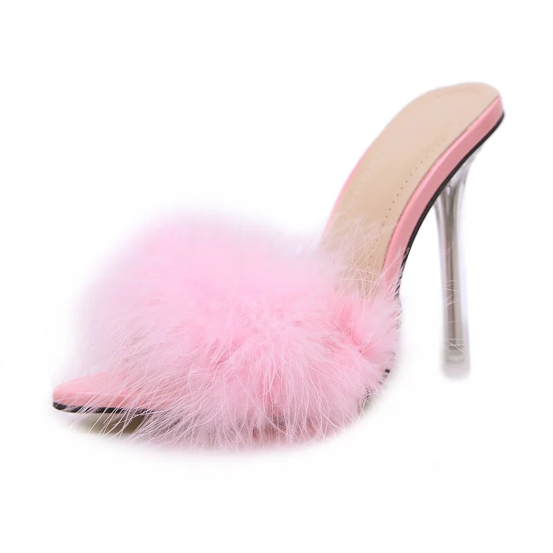 Canrulo Sandals Elegant Woman Sneakers Slippers Transparent High Heels Fur Stiletto Pink Mules Evening Party Women Shoes 2022