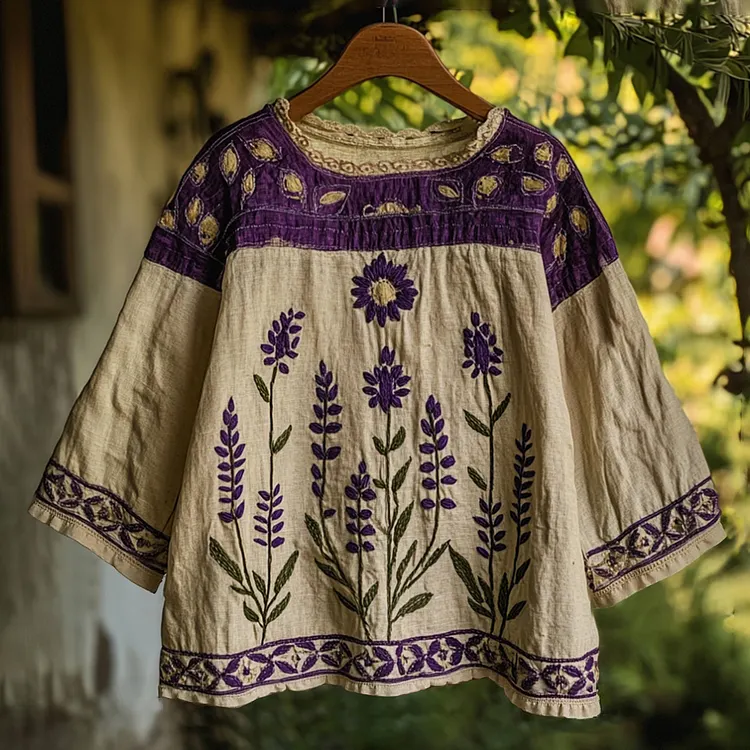 Purple Floral Embroidery Art Vintage Women's Linen Shirt