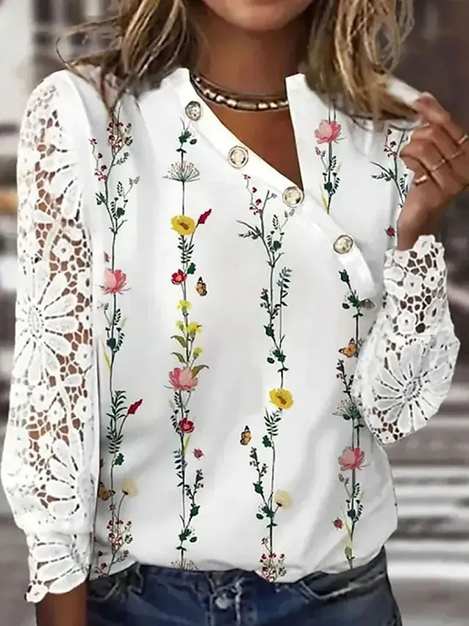 Loose And Comfortable Casual Button Printed T-shirt