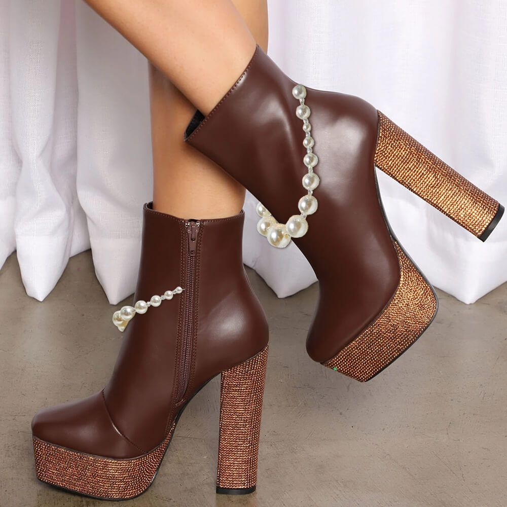Sparkly Brown Platform Booties Closed Toe Pearl Chain Heeled Boots Nicepairs