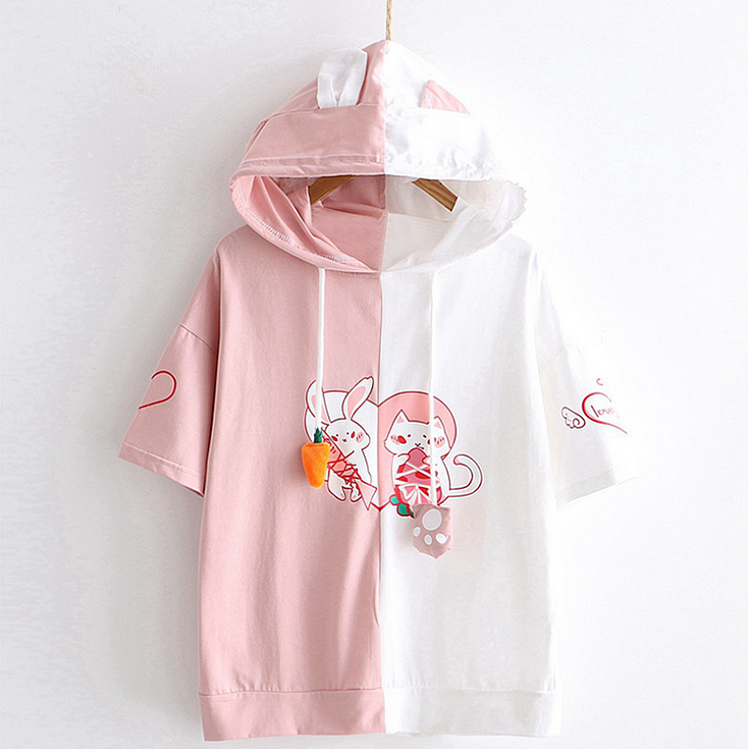 Rabbit Cat Love Heart Print Drawstring Hoodie T-Shirt - Modakawa Modakawa