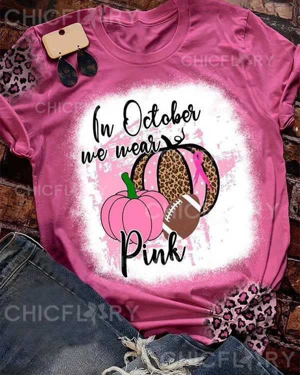 In October We Wear Pink Pumpkin Football Leopard Print T-Shirt