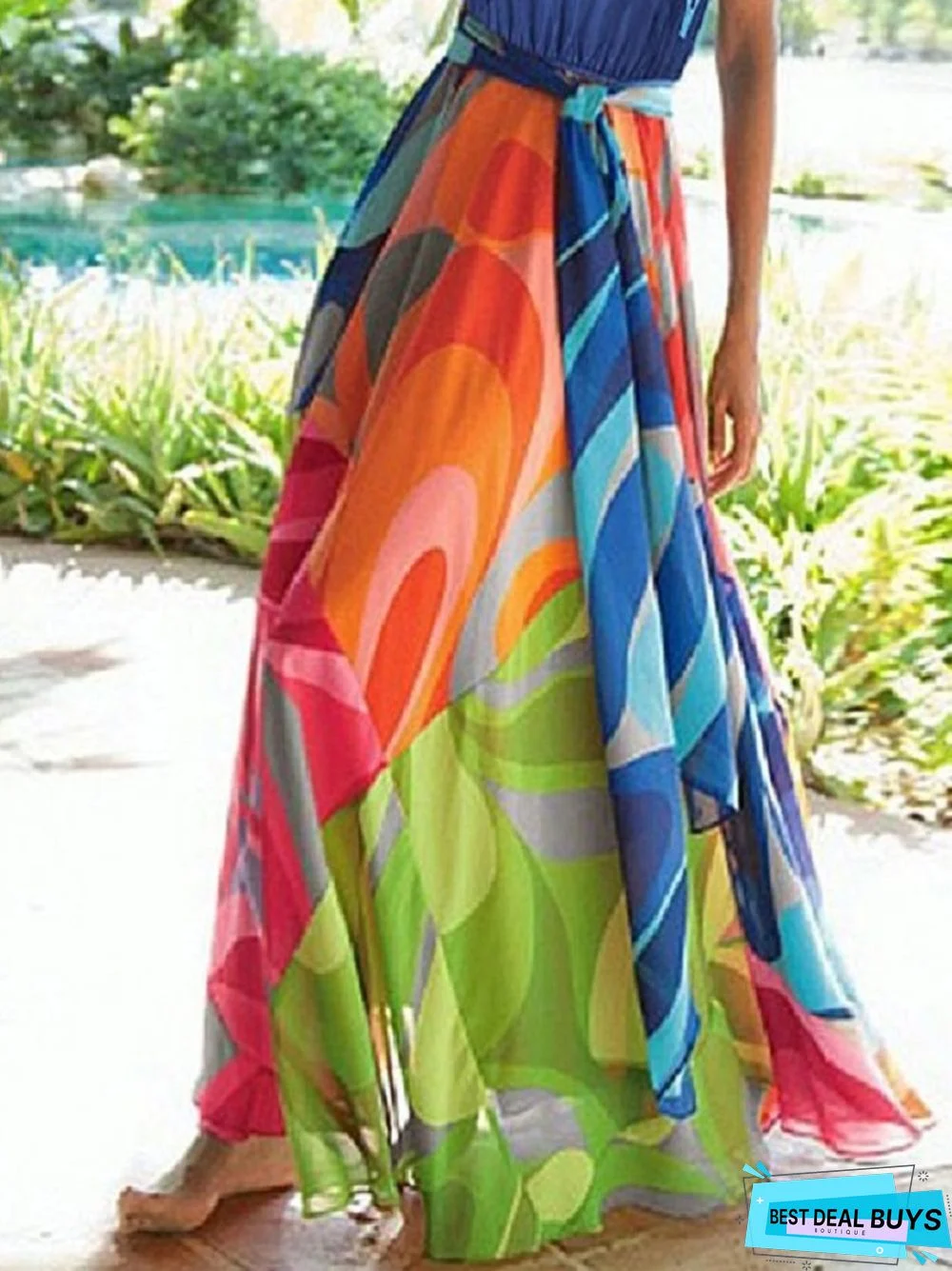 Bohemian Sleeveless Digital Printed Dress with Neck