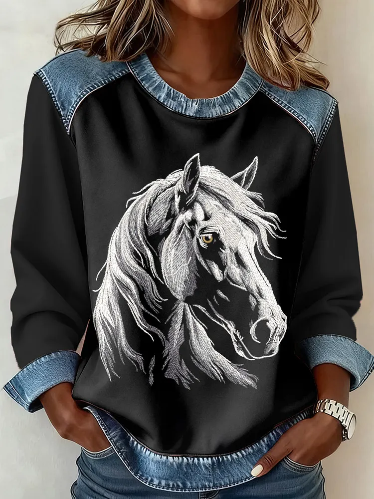 Women's Western Horse Art Denim Patchwork Top