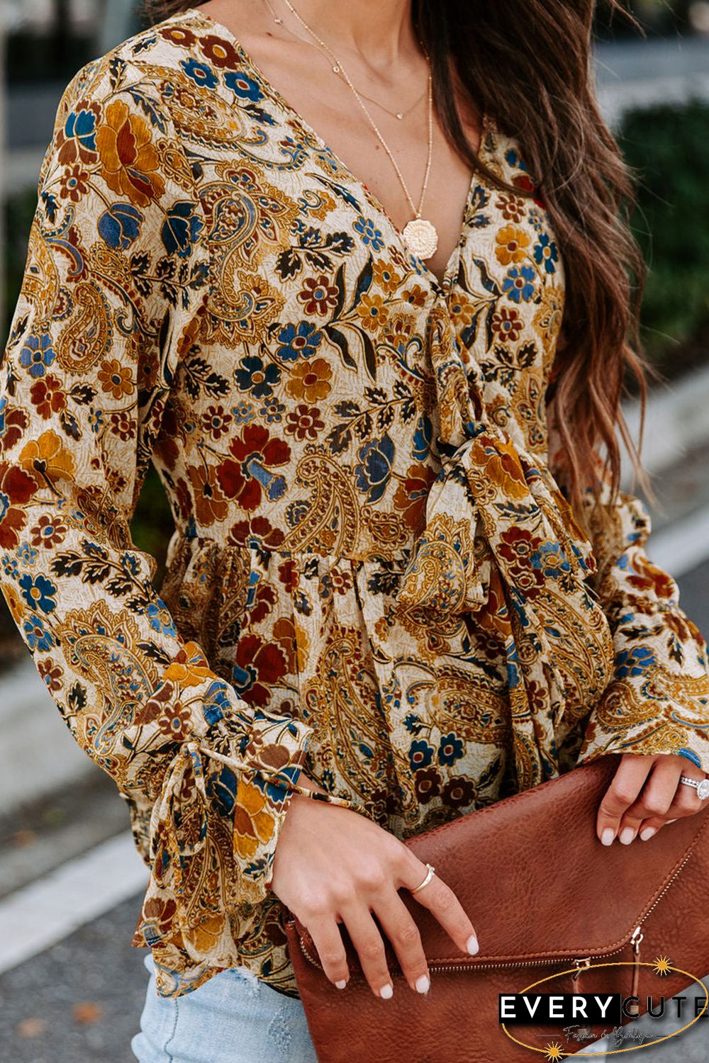 Multicolor Floral Printed Front Tie V Neck Blouse