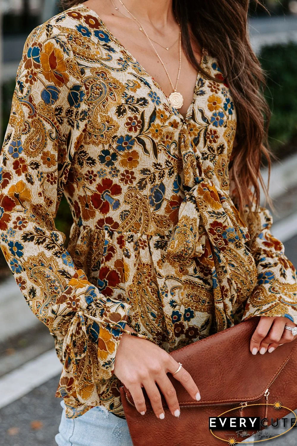 Multicolor Floral Printed Front Tie V Neck Blouse