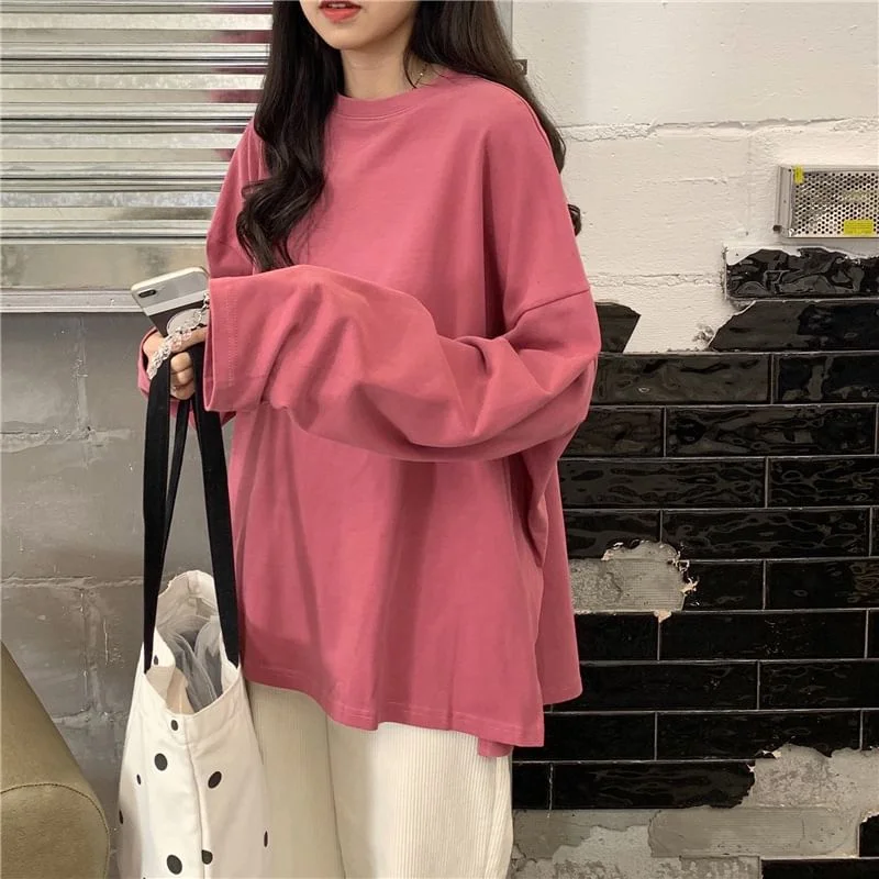 Round Plain Long-Sleeve T-Shirt Oversized Slit Neck