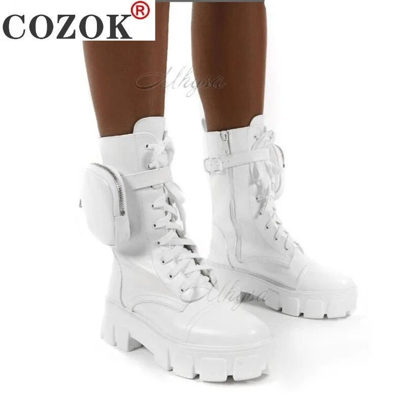 2022 New Chunky Boots Fashion Pocket Platform Boots Women Ankle Boots Female Sole Pouch Ankle Boots Women Botas Mujer Plus Size