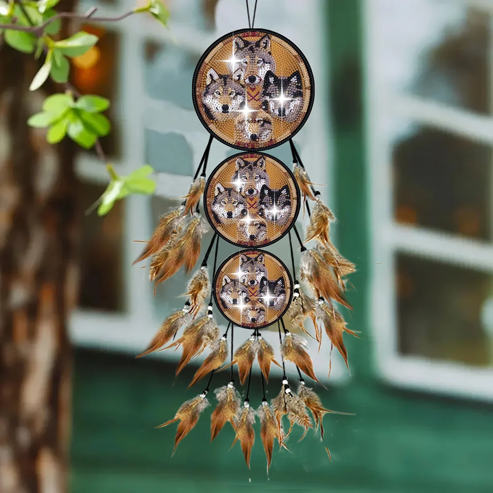 DIY Wolf Feather Wind Chime Diamond Art Hanging Pendant for Home Window Decor