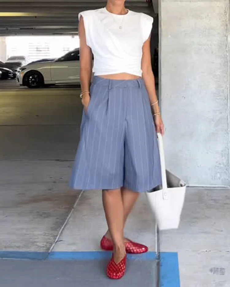 Round Neck Pleated Top and Striped Pants Two-piece Set