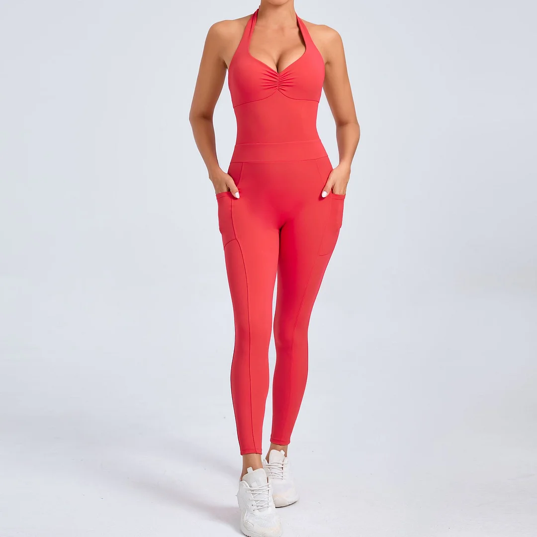 Toloer Toloer Sand Hanging Neck Type Two Side Pocket Yoga Jumpsuit Female Dance Bare Back Fitness Tight Sports Jumpsuit-Outfit Ideas