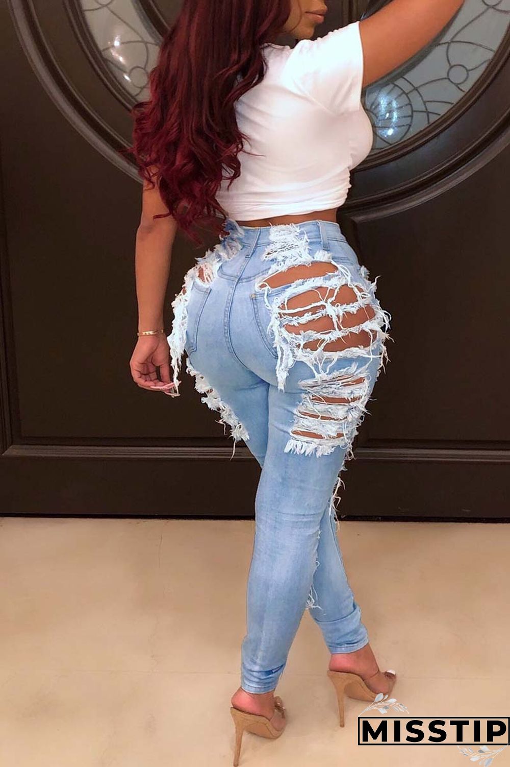 Dark Blue Casual Solid Ripped Patchwork Plus Size Jeans