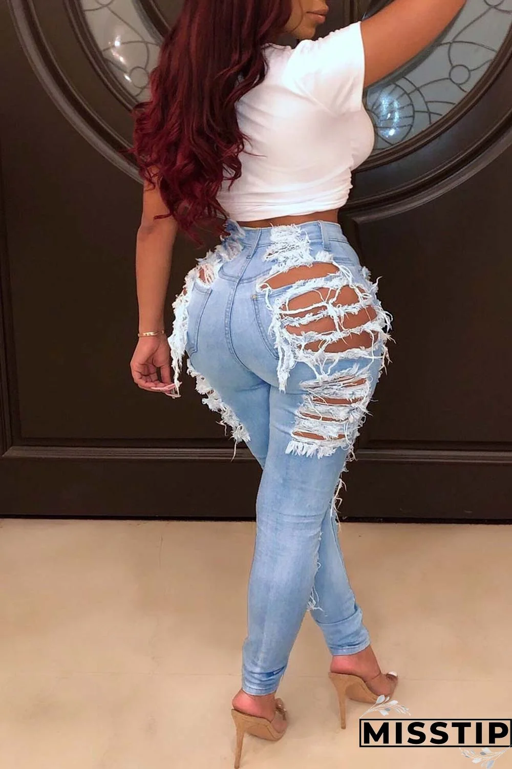 Dark Blue Casual Solid Ripped Patchwork Plus Size Jeans