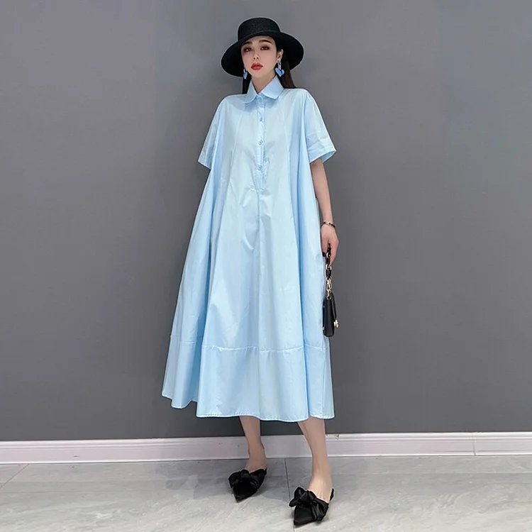 Loose Solid Color Turn-down Collar Single Breasted Short Sleeve Dress