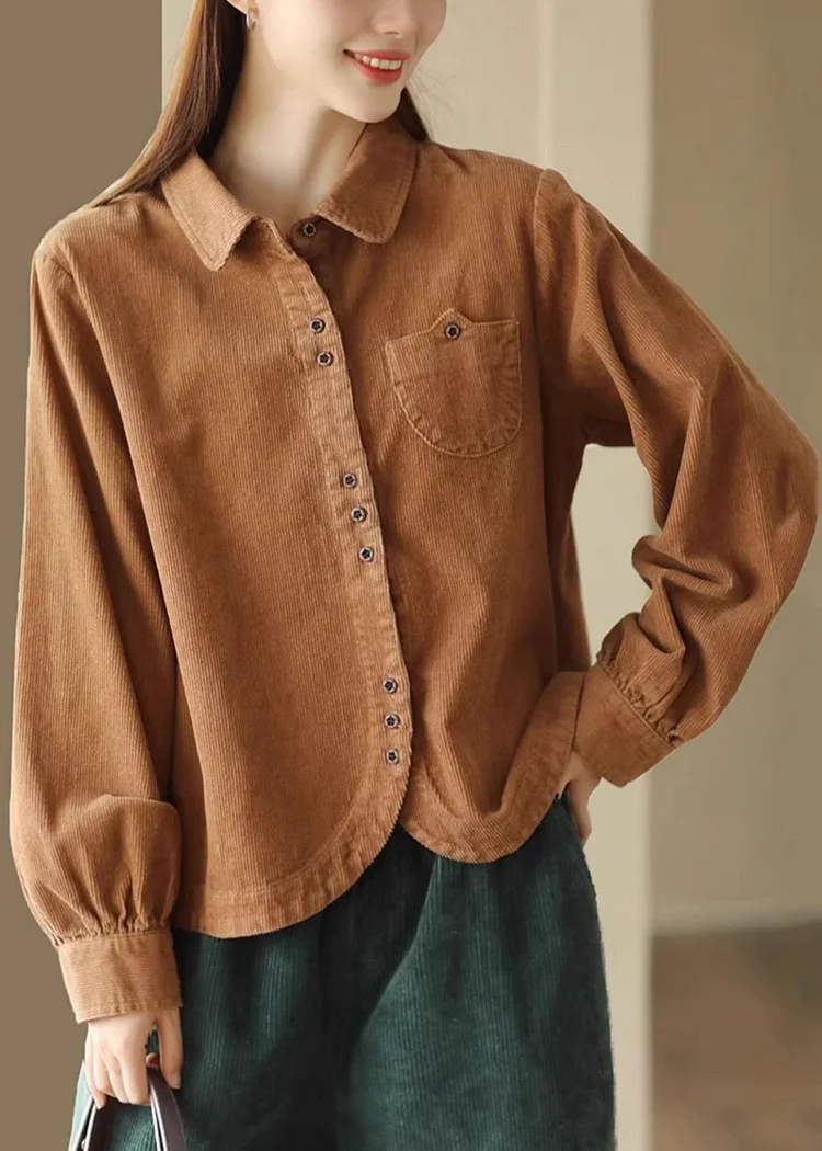 New Caramel Peter Pan Collar Button Corduroy Shirts Spring